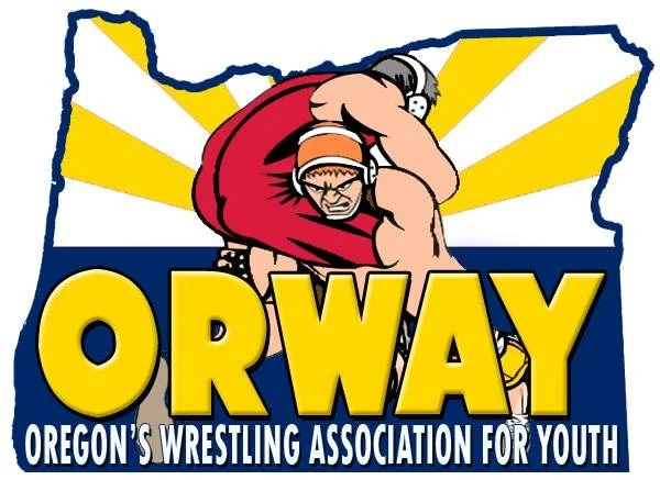 Logo for Oregon's Wrestling Association for Youth featuring two cartoon wrestlers in a wrestling move, with yellow, white, and blue background and bold yellow text 'ORWAY'.
