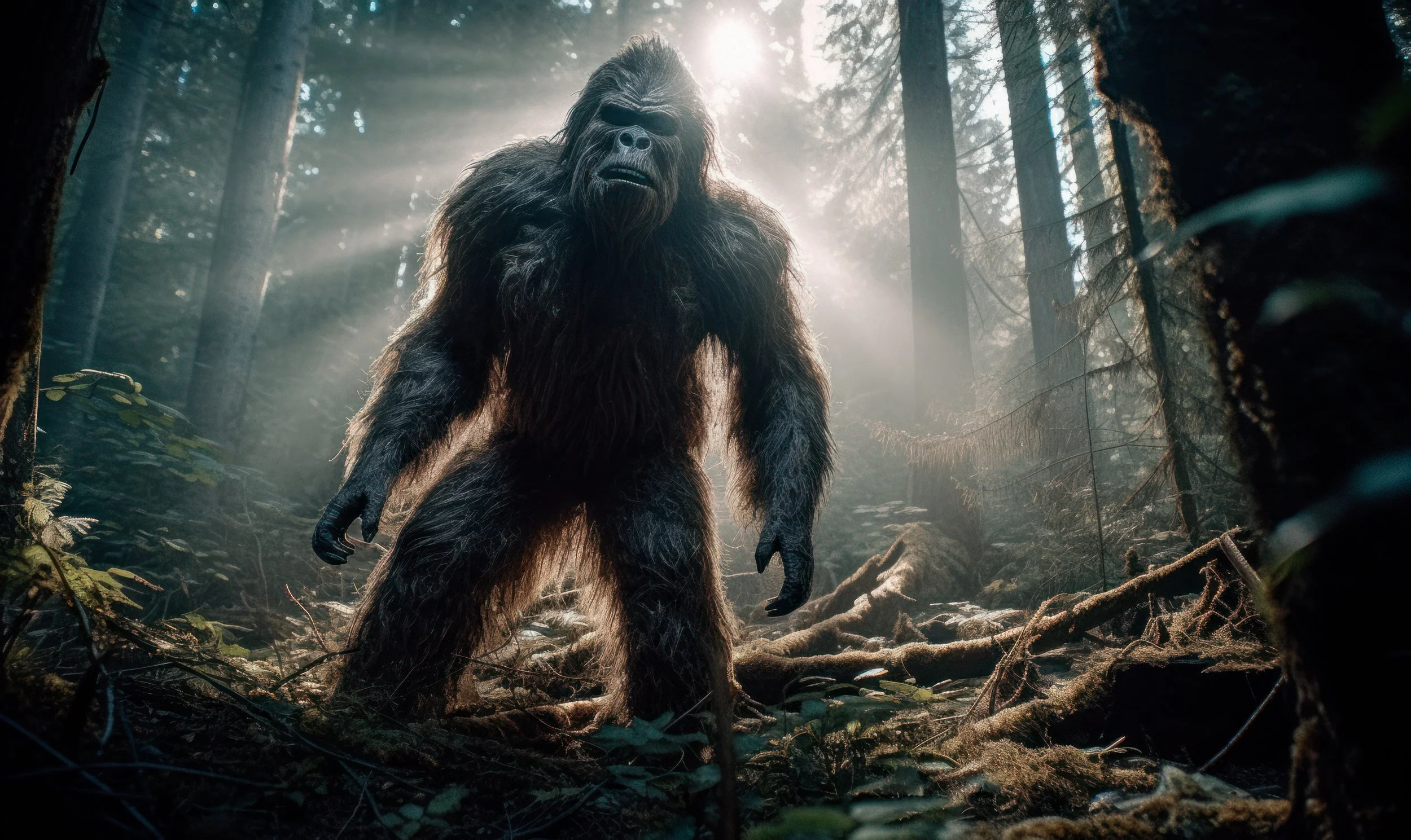 A large creature resembling Bigfoot standing in a forest during daylight, with sunlight filtering through the trees and casting a glow around it.