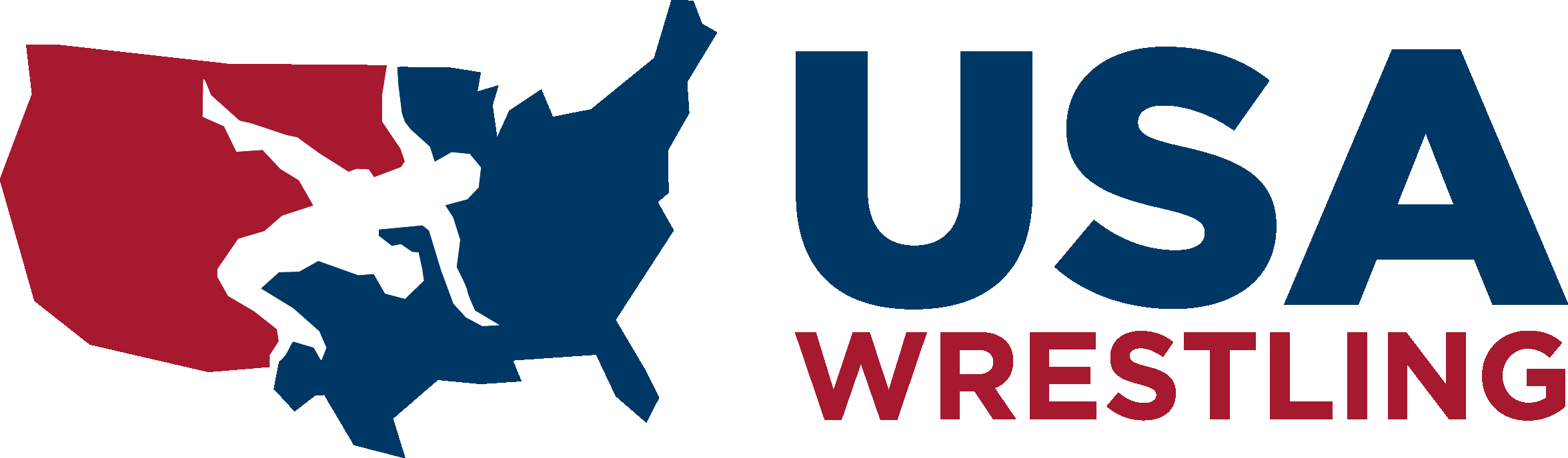 Logo of USA Wrestling featuring a map of the United States with a stylized wrestler in white, red, and blue colors.