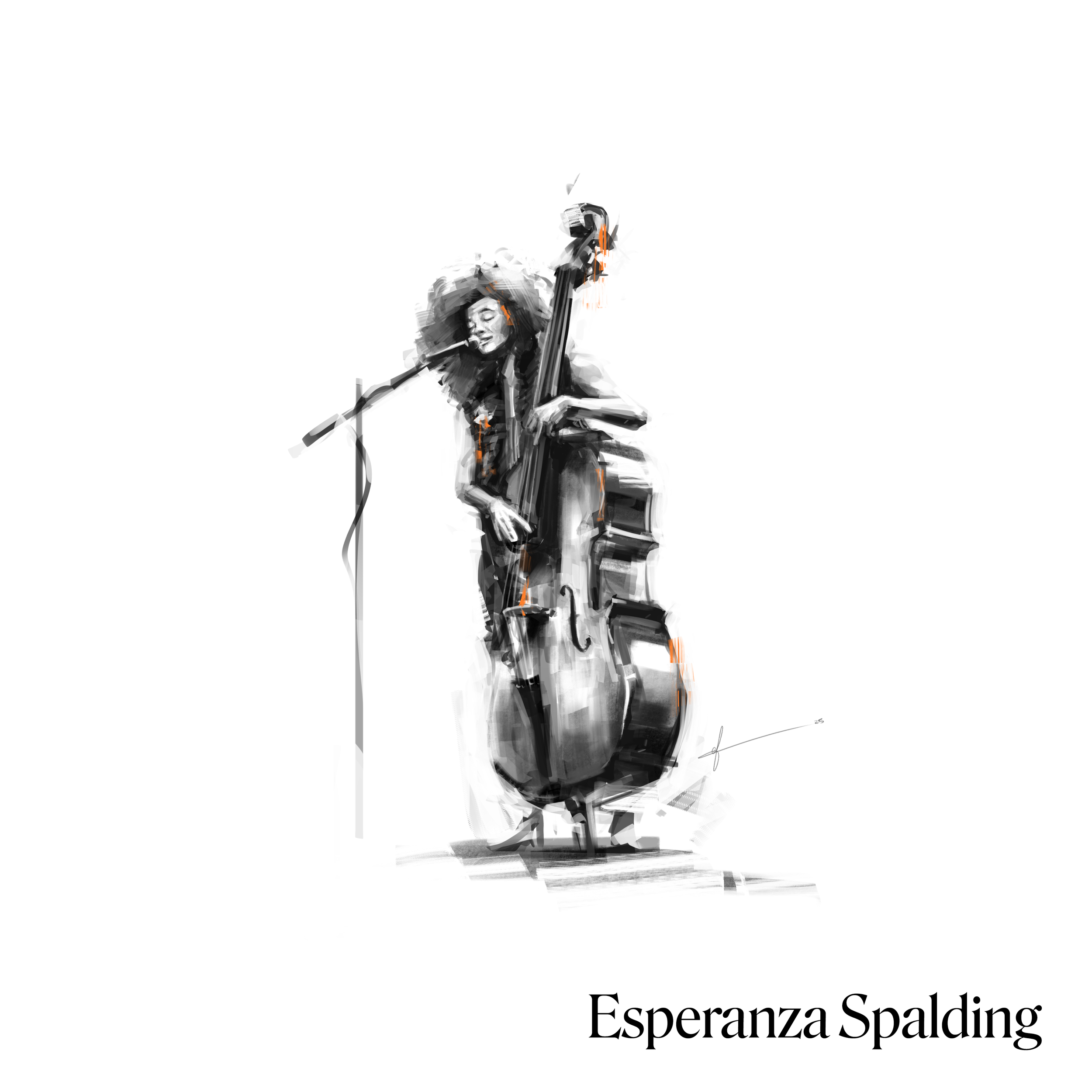 A black and white digital painting of a woman playing a double bass and singing into a microphone, with the name 'Esperanza Spalding' at the bottom right.