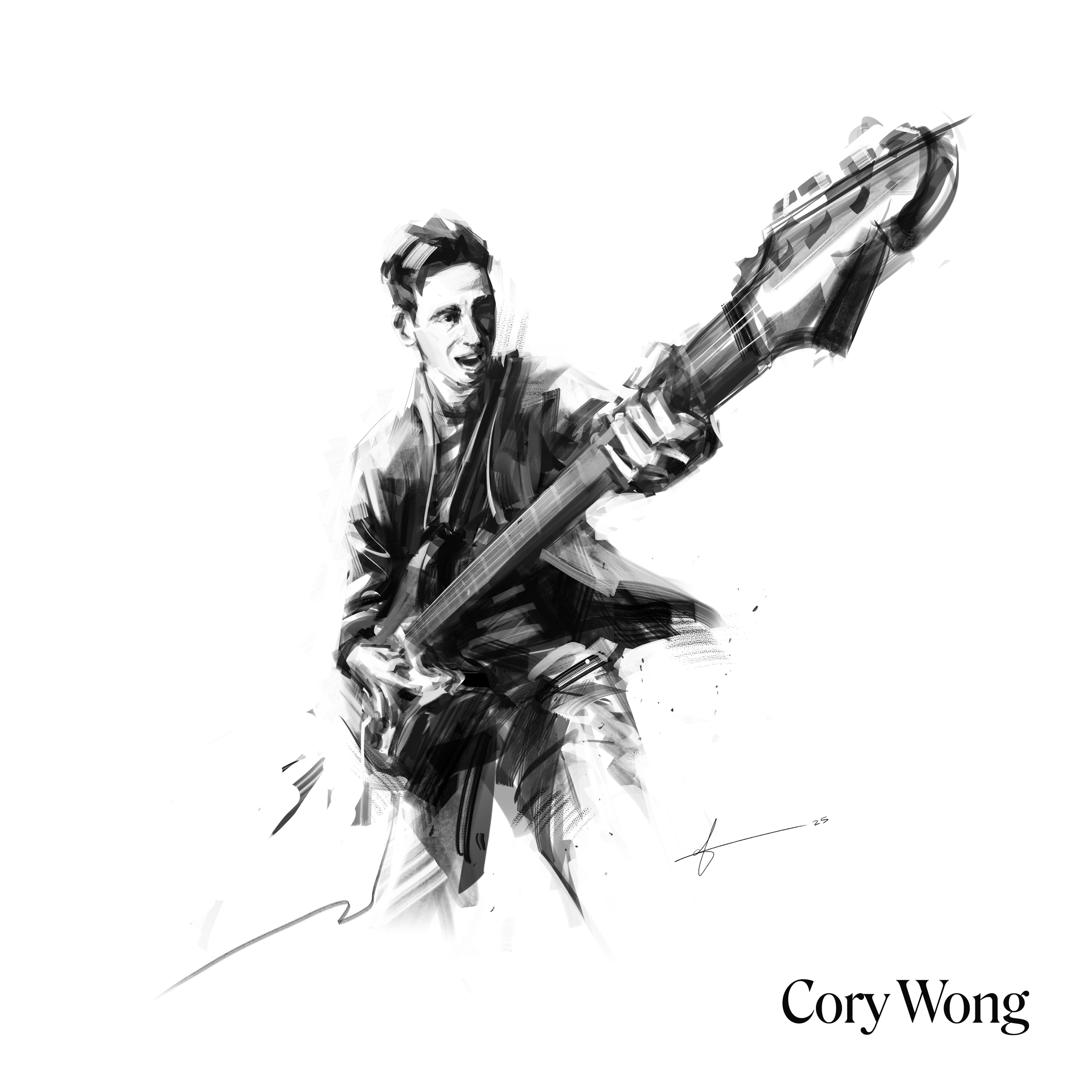 Black and white artistic sketch of Cory Wong playing an electric guitar, smiling, with his name in the bottom right corner.