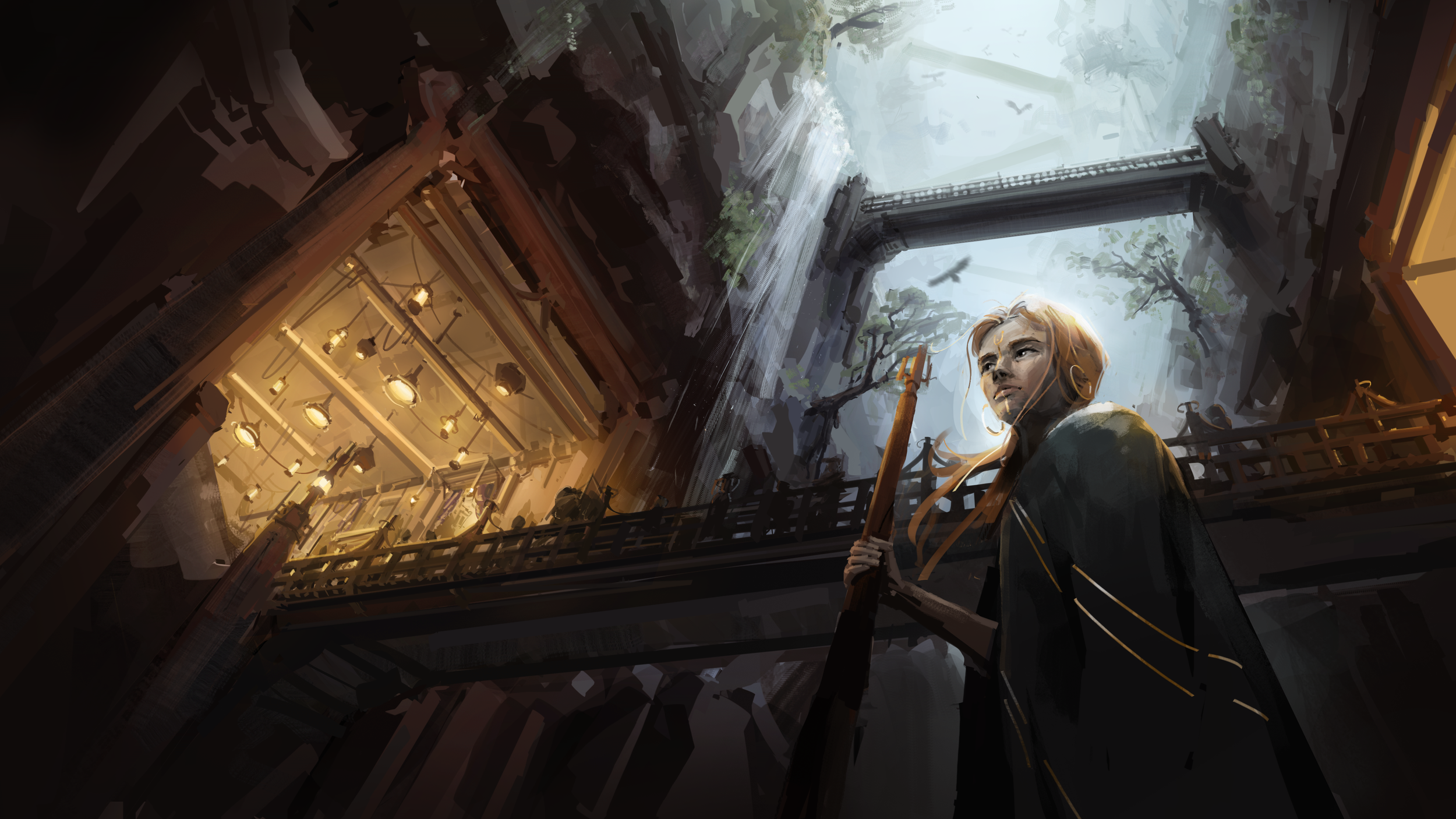 A young woman holding a staff, standing in a large, multi-level indoor space with a high ceiling, illuminated by warm lights, overlooking an open area with trees and a waterfall outside.