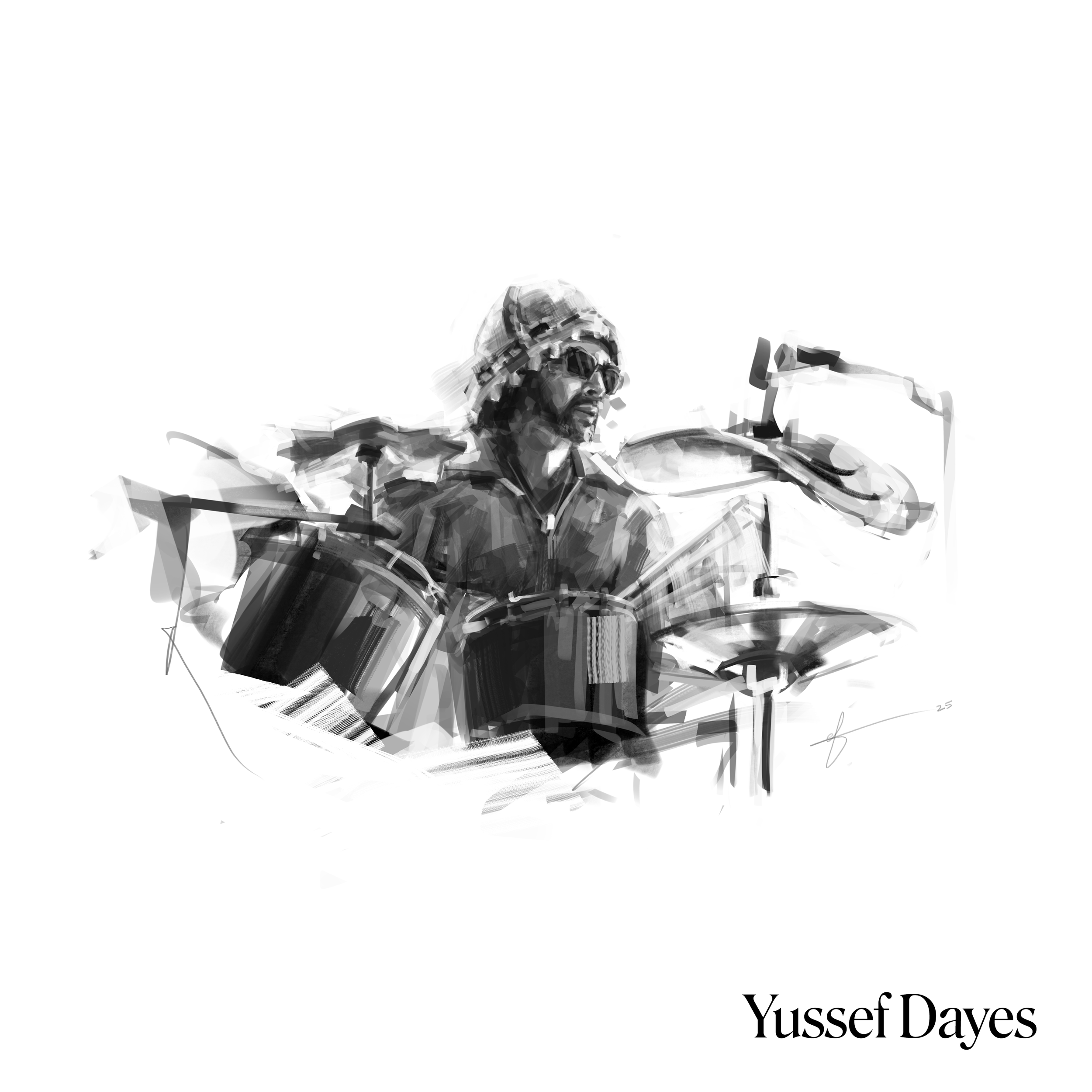 Black and white digital sketch of drummer Yussef Dayes playing drums, wearing glasses, a beanie, and a jacket, with his name "Yussef Dayes" written in the bottom right corner.