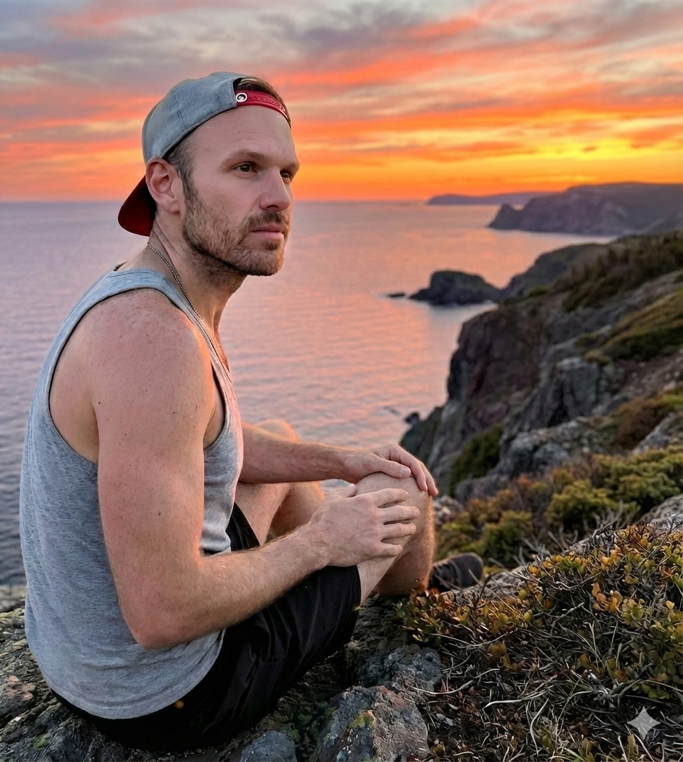 A man sitting on rocks during sunset overlooking a coastline with cliffs and ocean in the background.