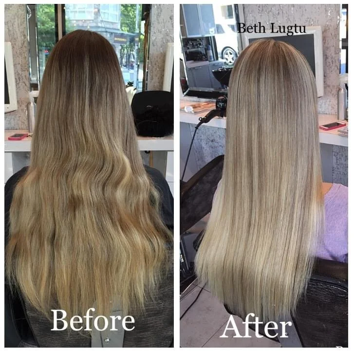 Side-by-side comparison of a woman's hair before and after a professional hair treatment. In the "Before" image, her hair is wavy and slightly frizzy. In the "After" image, her hair is straight, smooth, and shiny.