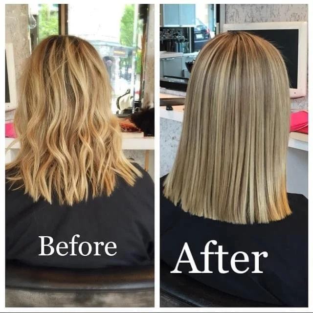 Side-by-side comparison of a woman's hair before and after a haircut and possibly styling, showing shorter, straight, and smooth hair in the after photo.