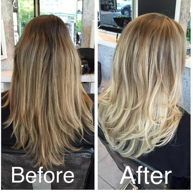 Side-by-side comparison of a woman's shoulder-length blonde hair before and after a professional hair coloring and styling. The 'before' image shows hair with darker blonde, uneven tone and dry, frizzy texture. The 'after' image shows hair with a bri