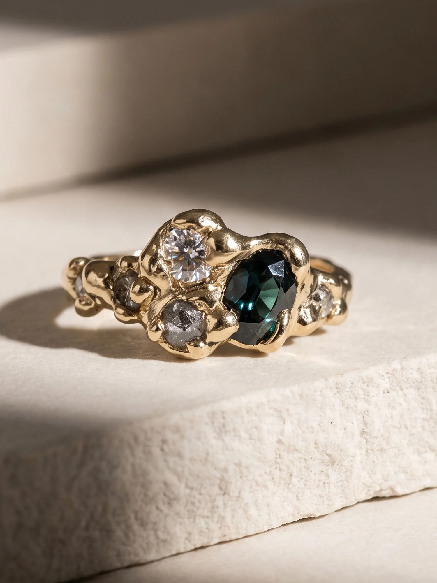 Sapphire & Salt & Pepper Diamond Cluster Ring