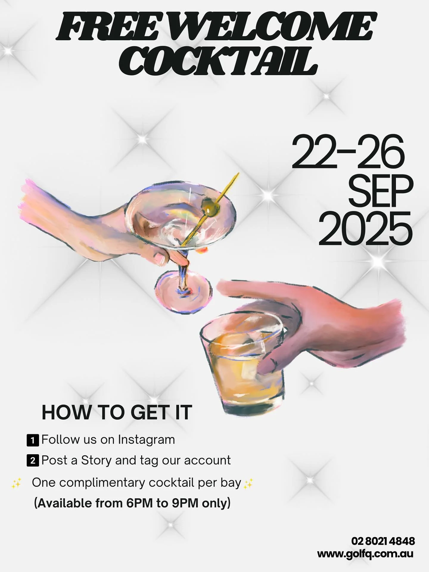 Golf Q is celebrating its 1st anniversary with a free cocktail event! From September 23th to 26th, enjoy a complimentary drink! Everyone, place your orders with Theo :)