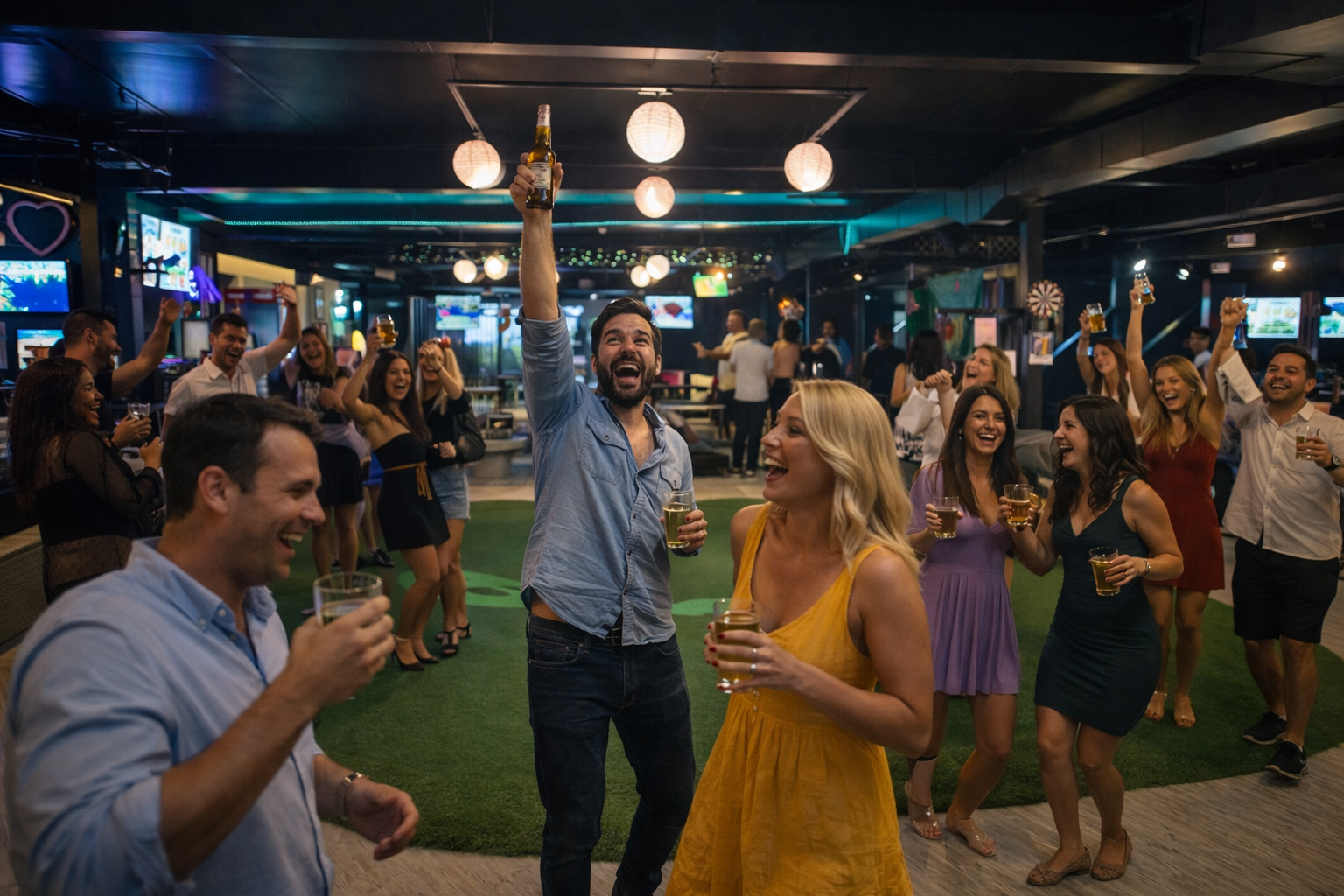 Group of people dancing and celebrating with drinks in a lively indoor bar or club setting.