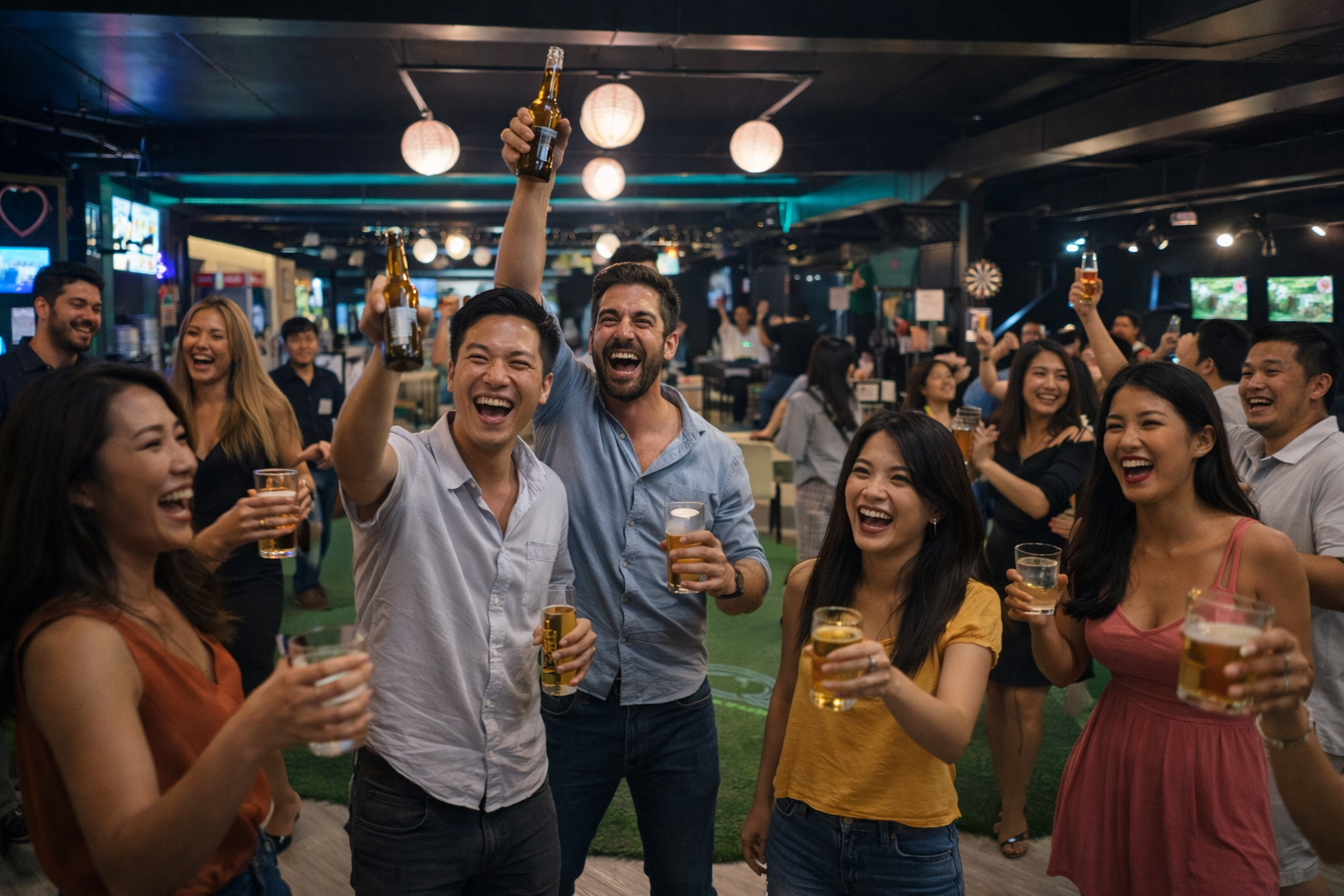 People celebrating and cheering with drinks at a lively bar or nightclub.