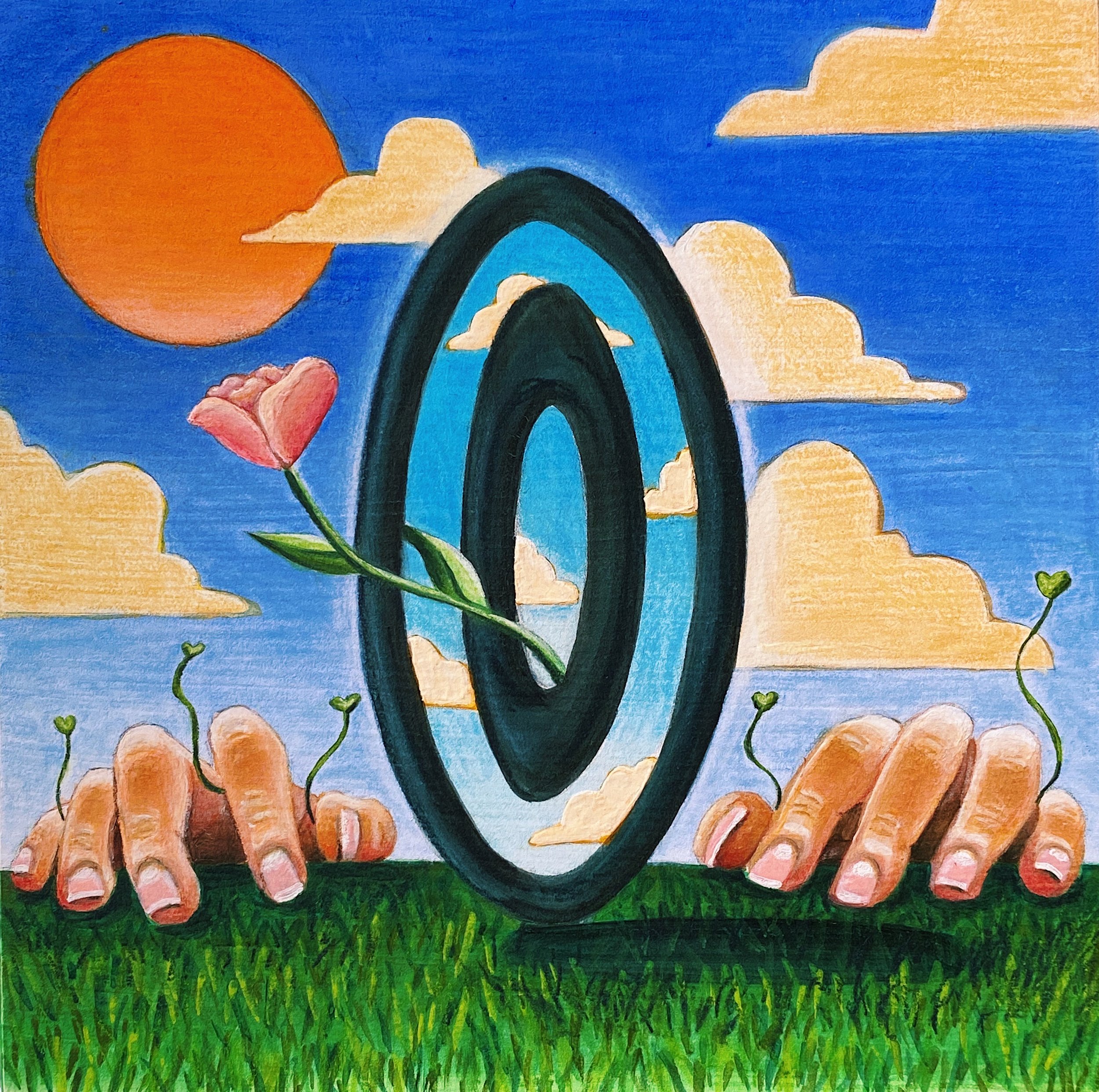 Not so Distant, 8”x8” gouache & soft pastel on wood panel, 2021