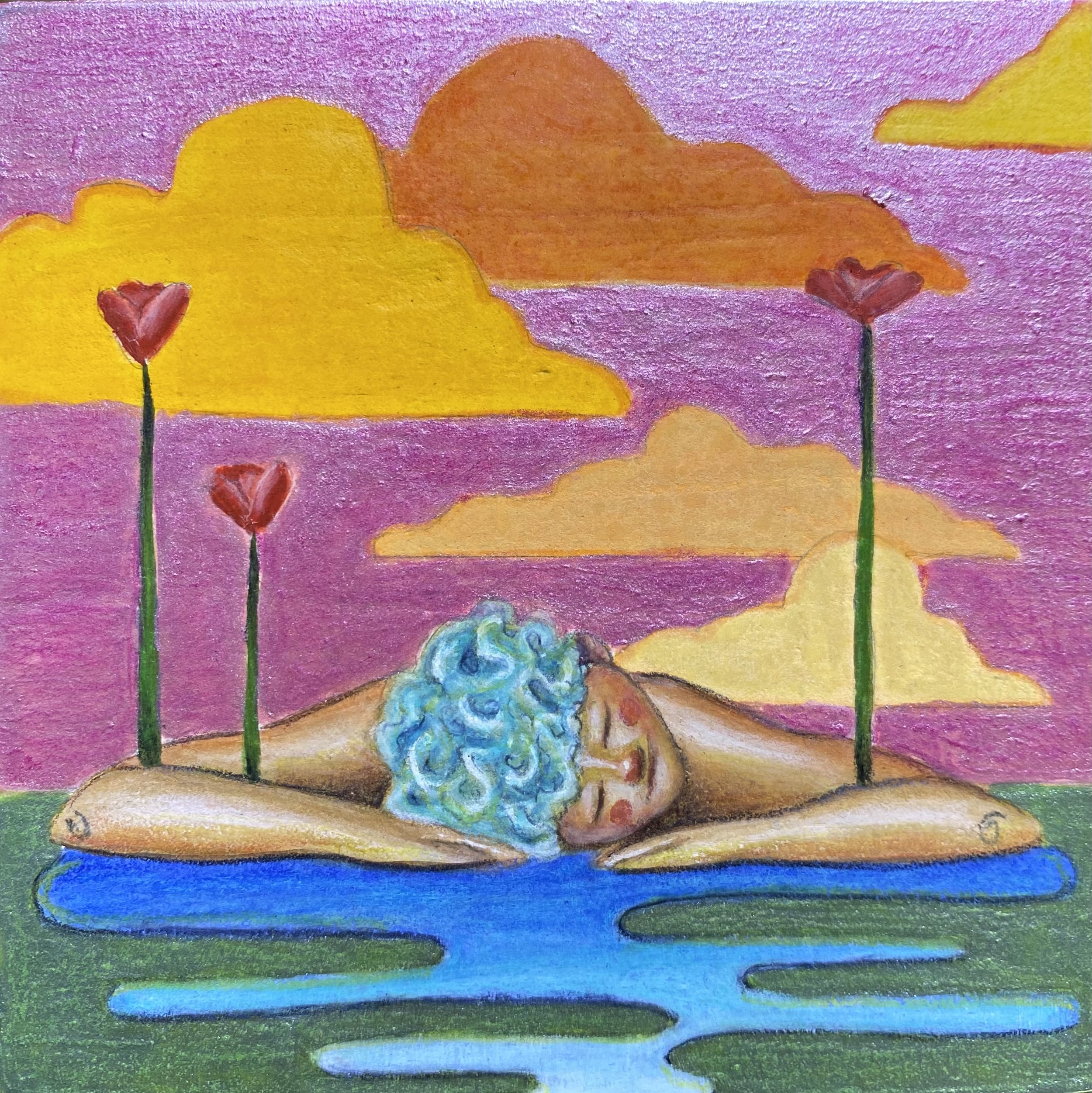 5 More Minutes, 4”x4” acrylic ink & pastel pencil on wood panel, 2021