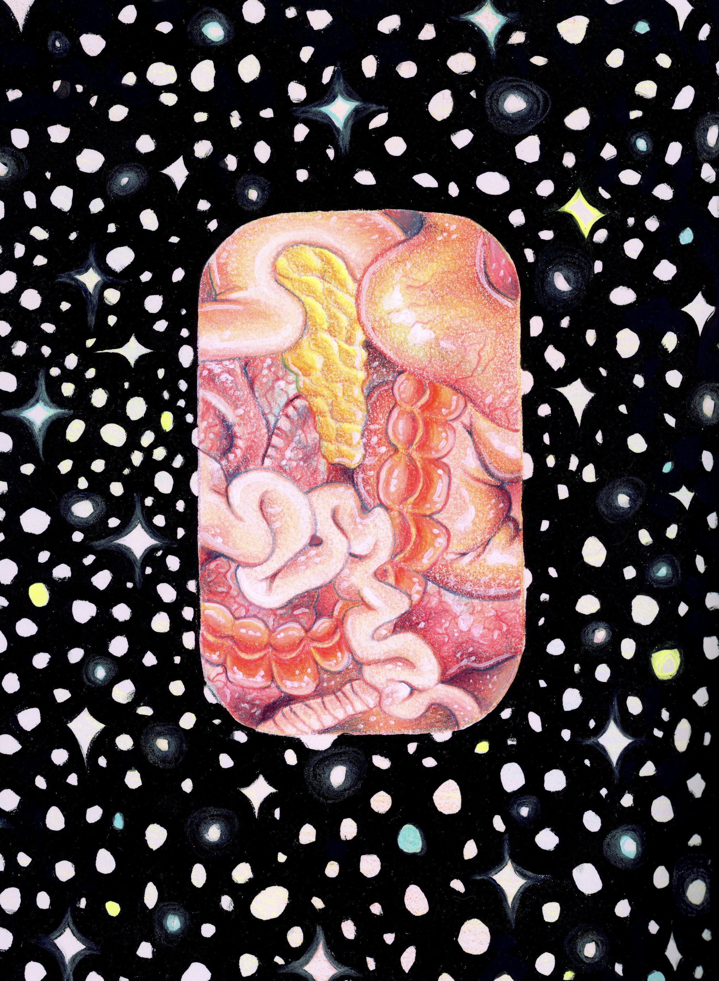Space Guts, 9”x12” colored pencil and acrylic on paper, 2025