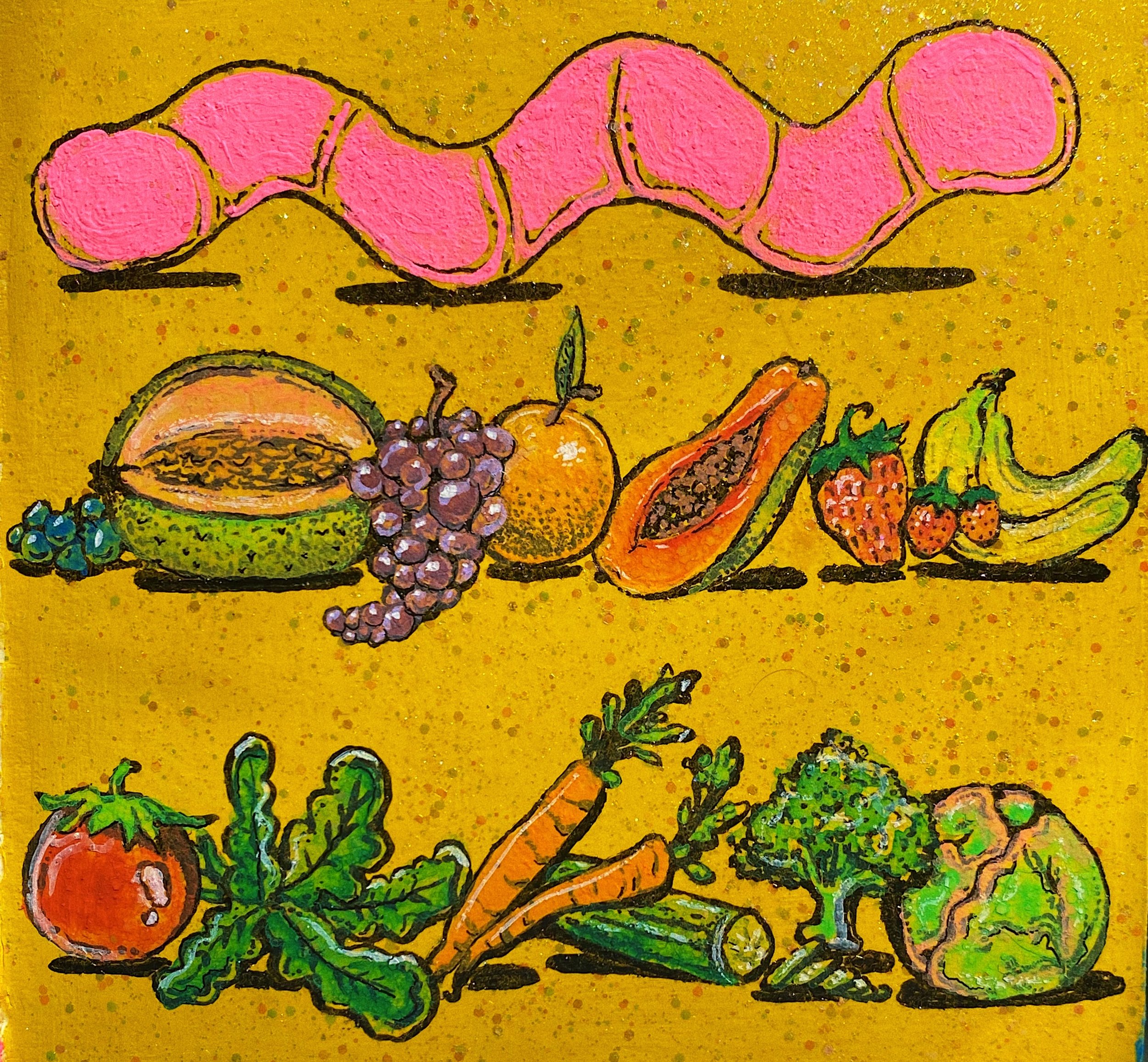 A Worm’s Abundance, 4”x4” acrylic gouache, ink, & glitter on paper