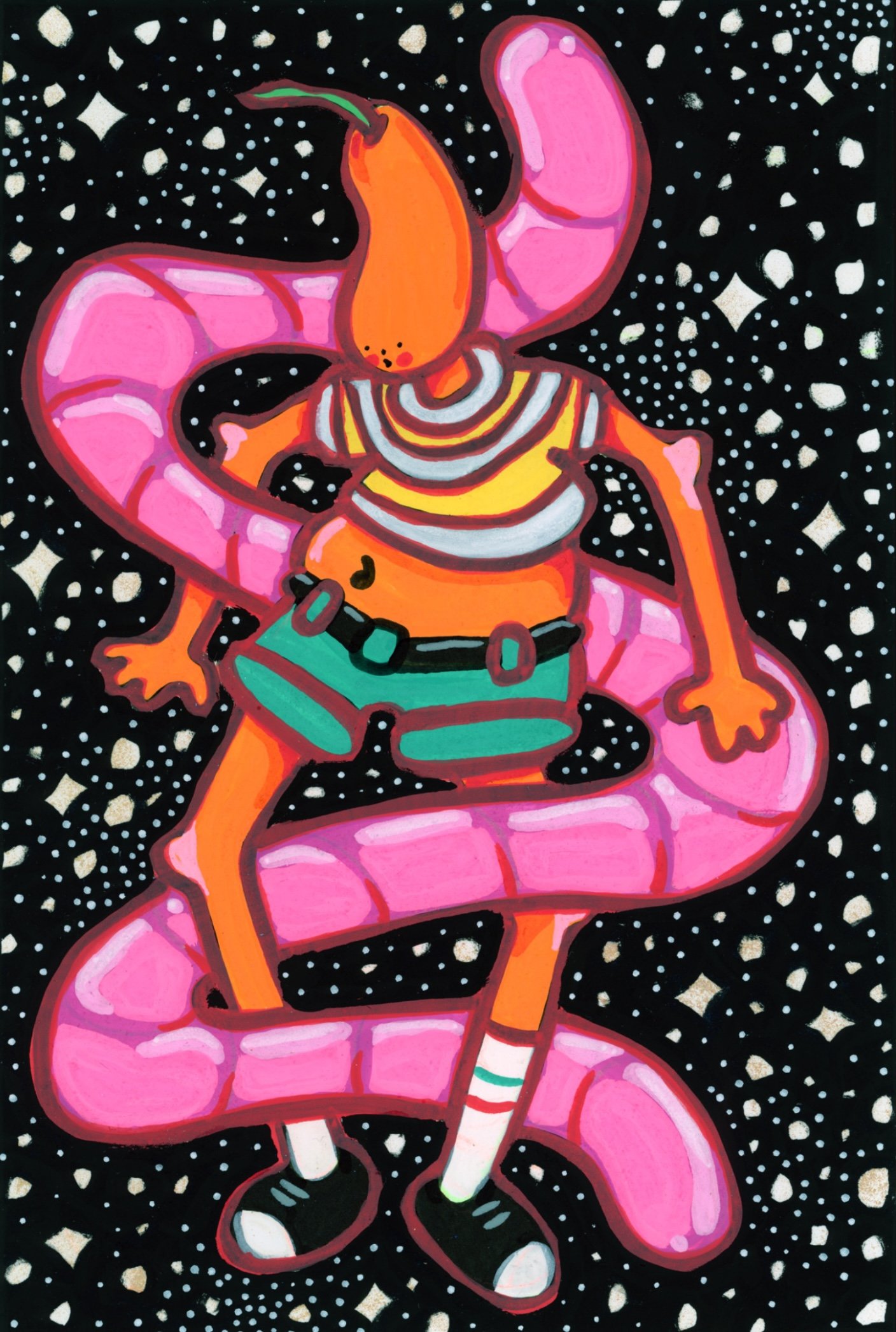 Shrubs & Space Worm, 5”x7” acrylic marker on paper, 2024
