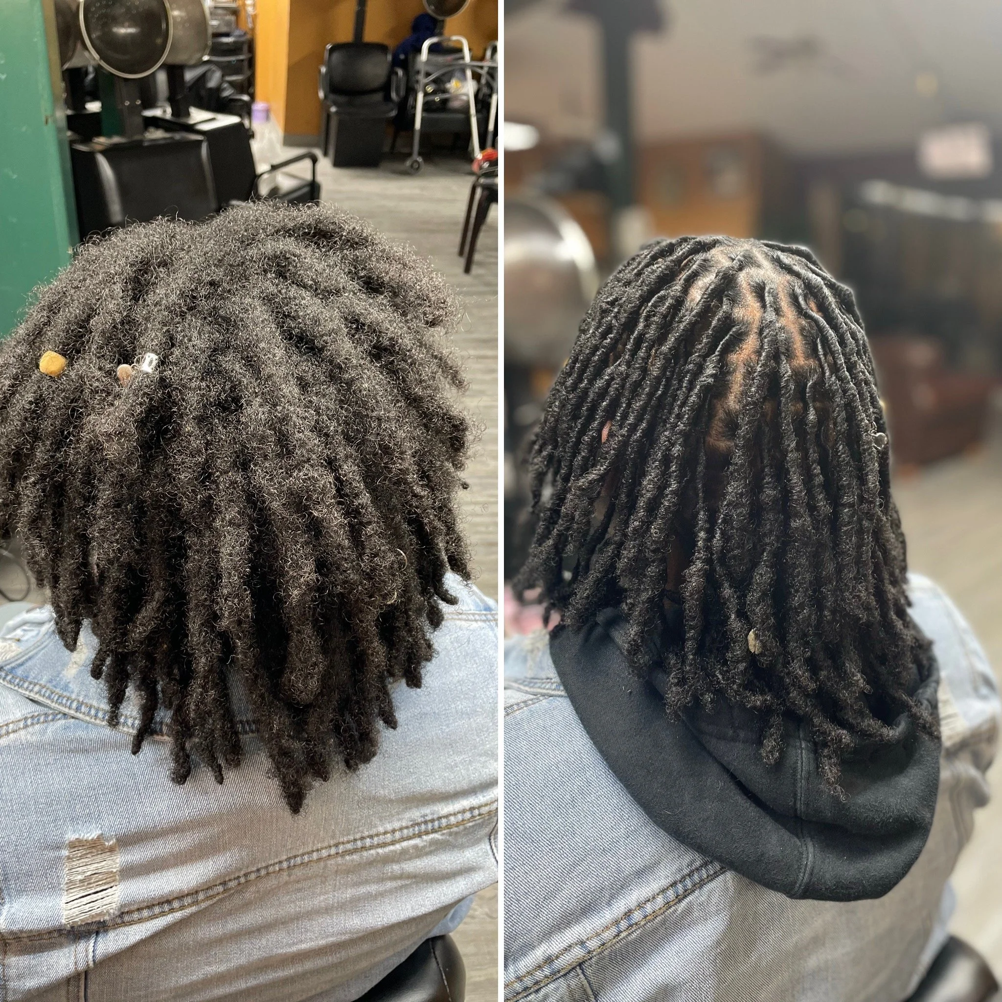 Comparison of a person's hair before and after a dreadlock styling process, showing a transformation from tightly packed, shorter dreadlocks to longer, looser dreadlocks.