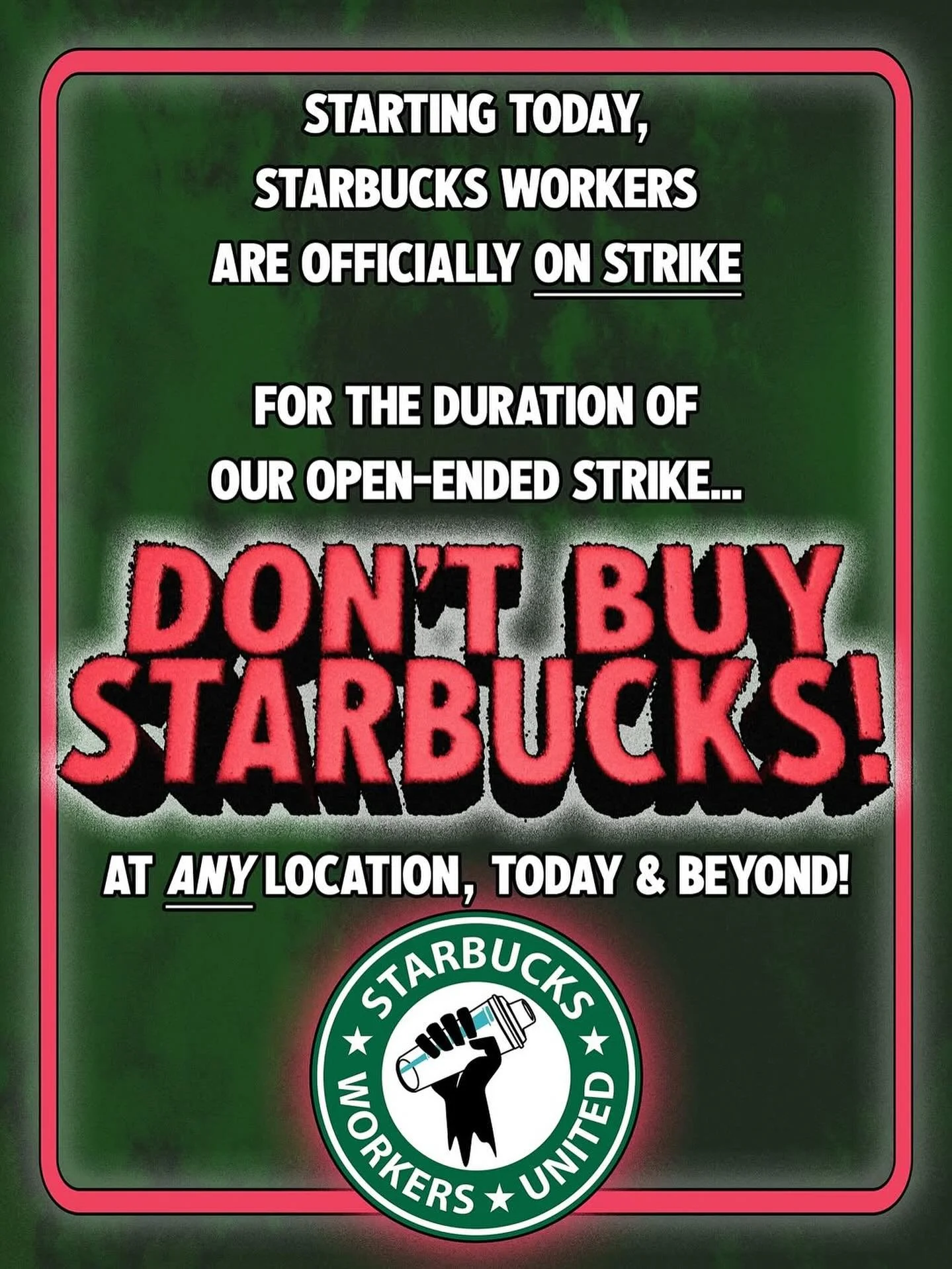 STARBUCKS WORKERS ON STRIKE. NO CONTRACT = NO COFFEE. Repost from @sbworkersunited
&bull;
SUPPORT OUR FIGHT. SKIP STARBUCKS WHILE WE STRIKE! ✊

As of today, Starbucks workers across the country are officially ON STRIKE. And we&rsquo;re prepared for t