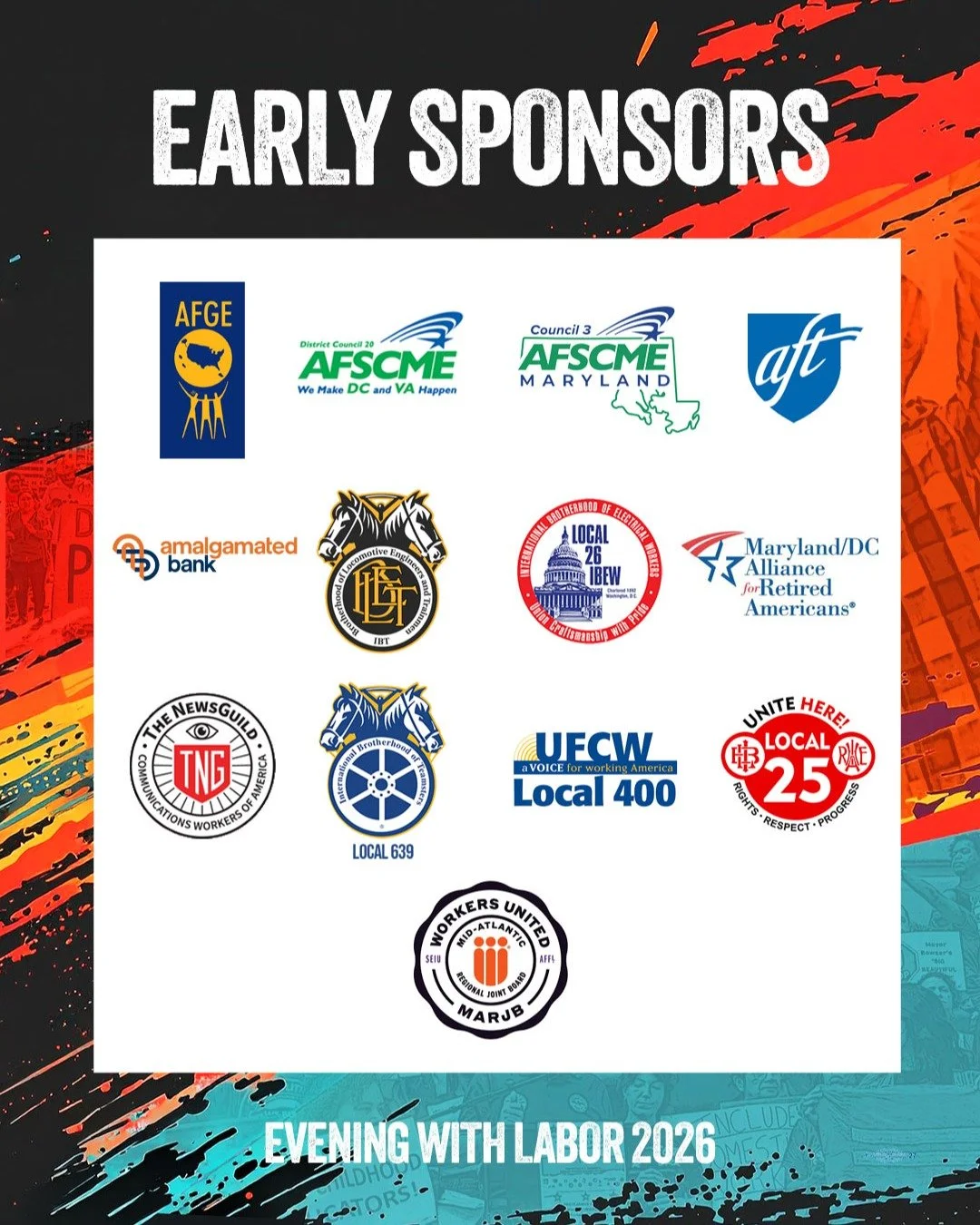Thank you to the early sponsors of #EveningWithLabor 2026! @afgeunion @afscmecouncil20 @afscmemaryland @aftunion @amalgamated_bank @bletnational @ibew26renew, Maryland/DC Alliance for Retired Americans, @thenewsguild, Teamsters Local 639, @ufcw400 @u