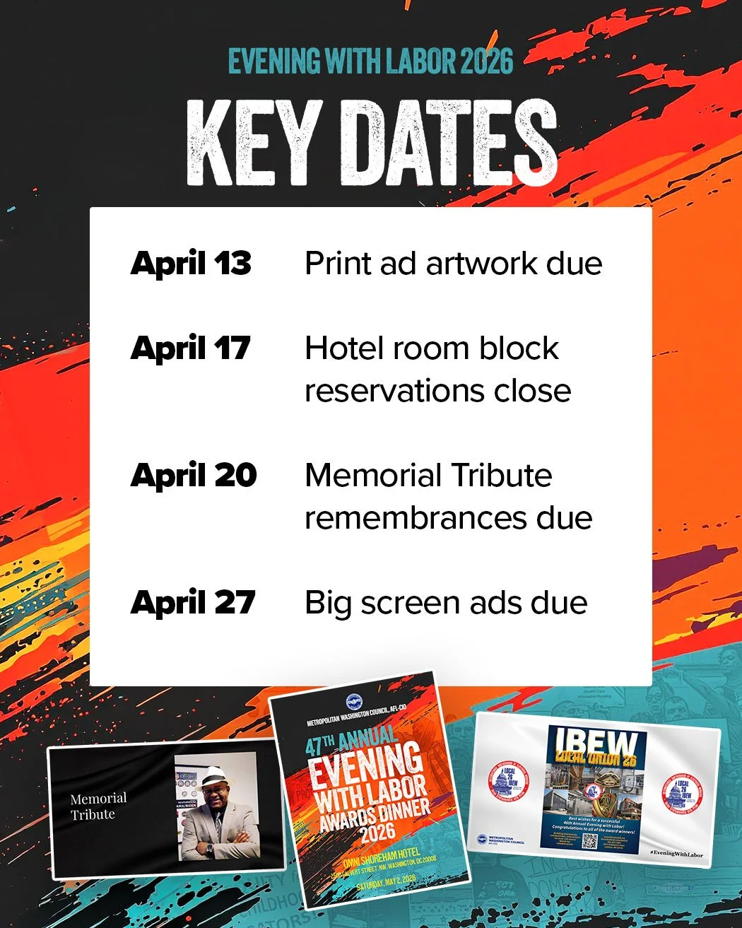 Don't miss your chance to have your union be featured at #EveningWithLabor 2026! Submit your print ads, hotel reservations, memorial remembrances, and big screen ads before time runs out. Visit dclabor.org/evening-with-labor or email eveningwithlabor