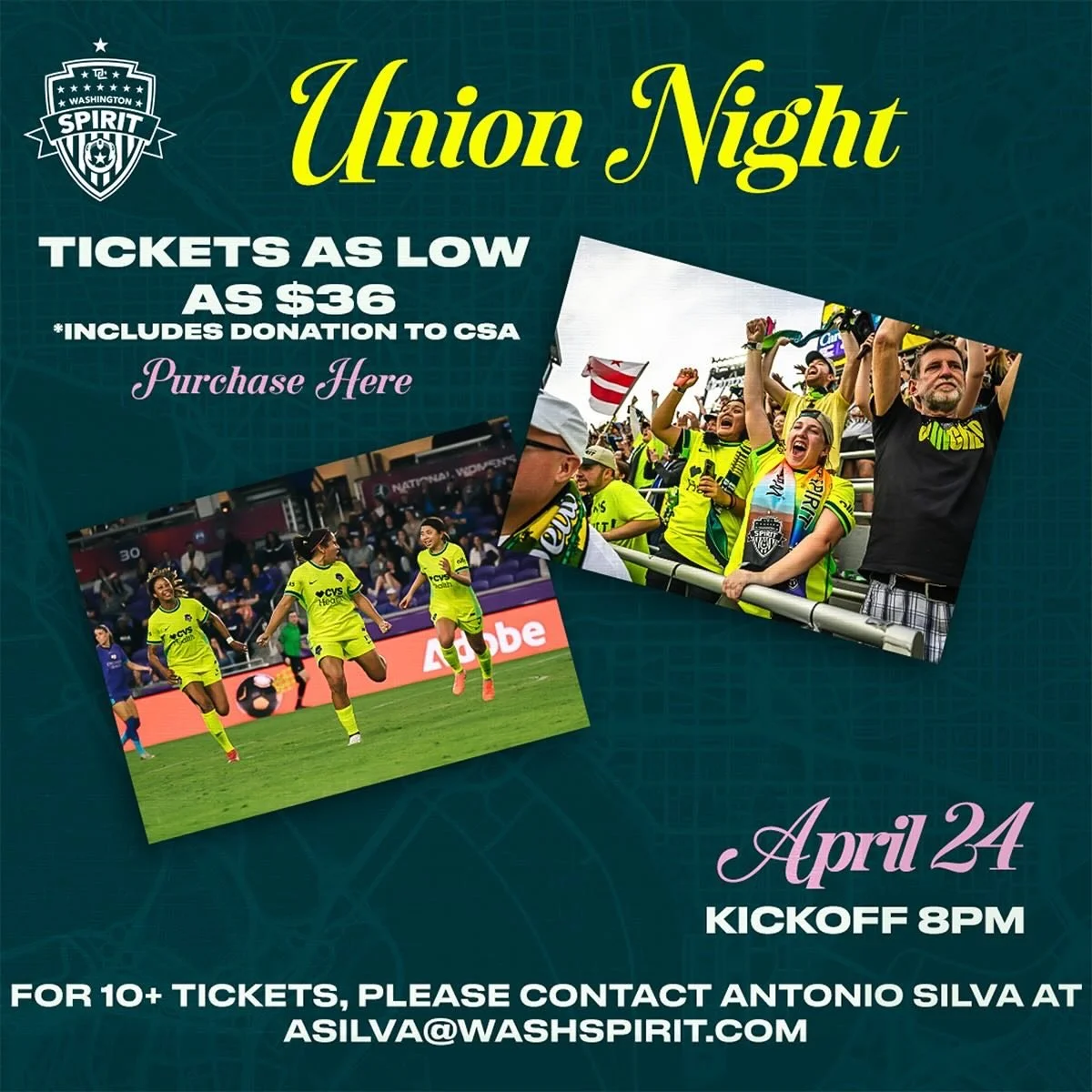 Are there @washingtonspirit fans in the house?? This Friday join the Community Services Agency for Union Night at the Washington Spirit. A portion of all ticket sales will benefit CSA&rsquo;s work supporting union families in our region. Purchase ind