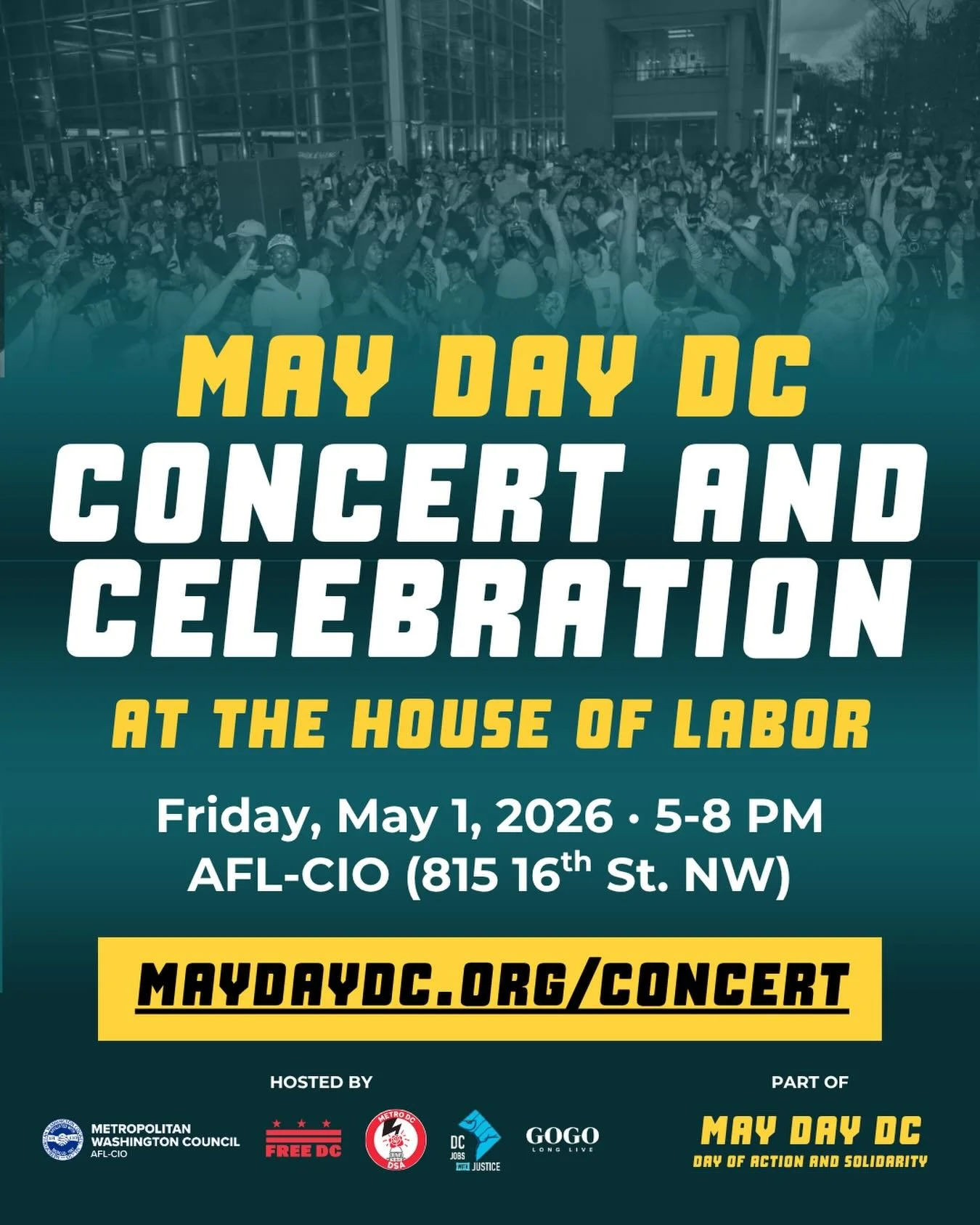 This administration is out for destruction &mdash; but we refuse to allow them to take our joy.

On Friday, May 1, at the end of a massive day of action, join the May Day DC coalition for a celebration and concert at the House of Labor, AFL-CIO headq