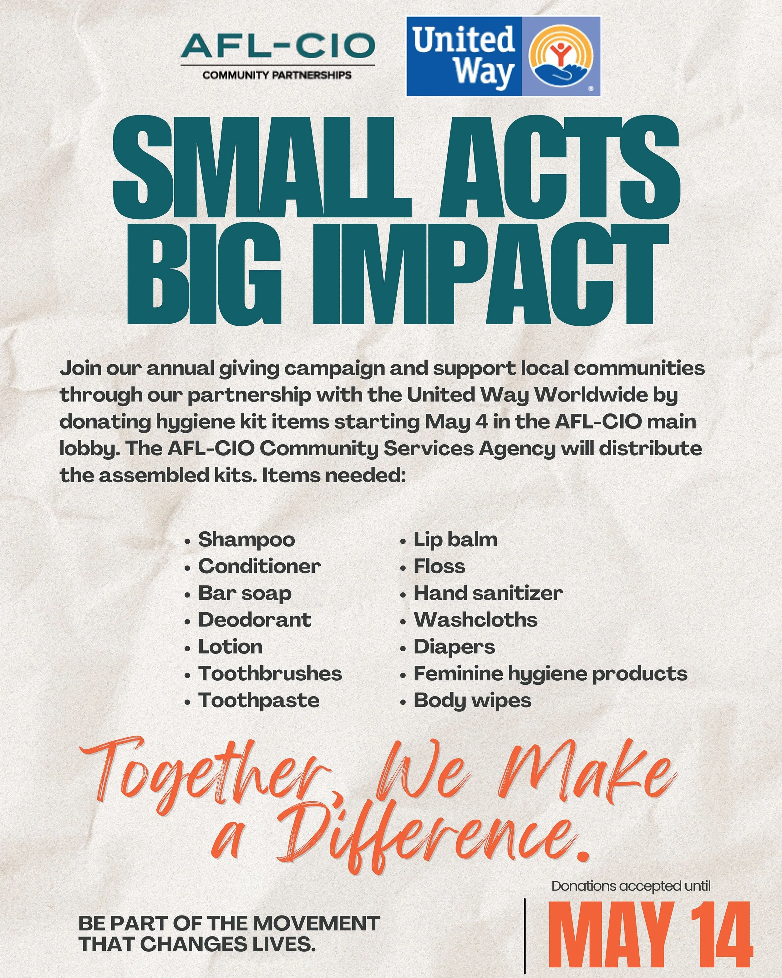Got personal care supplies you don't need any more? Donate them to the Community Services Agency's hygiene kit drive! Donate shampoo, conditioner, soap, deodorant, lotion, toothbrushes, toothpaste and other personal care products in @aflcio's main lo