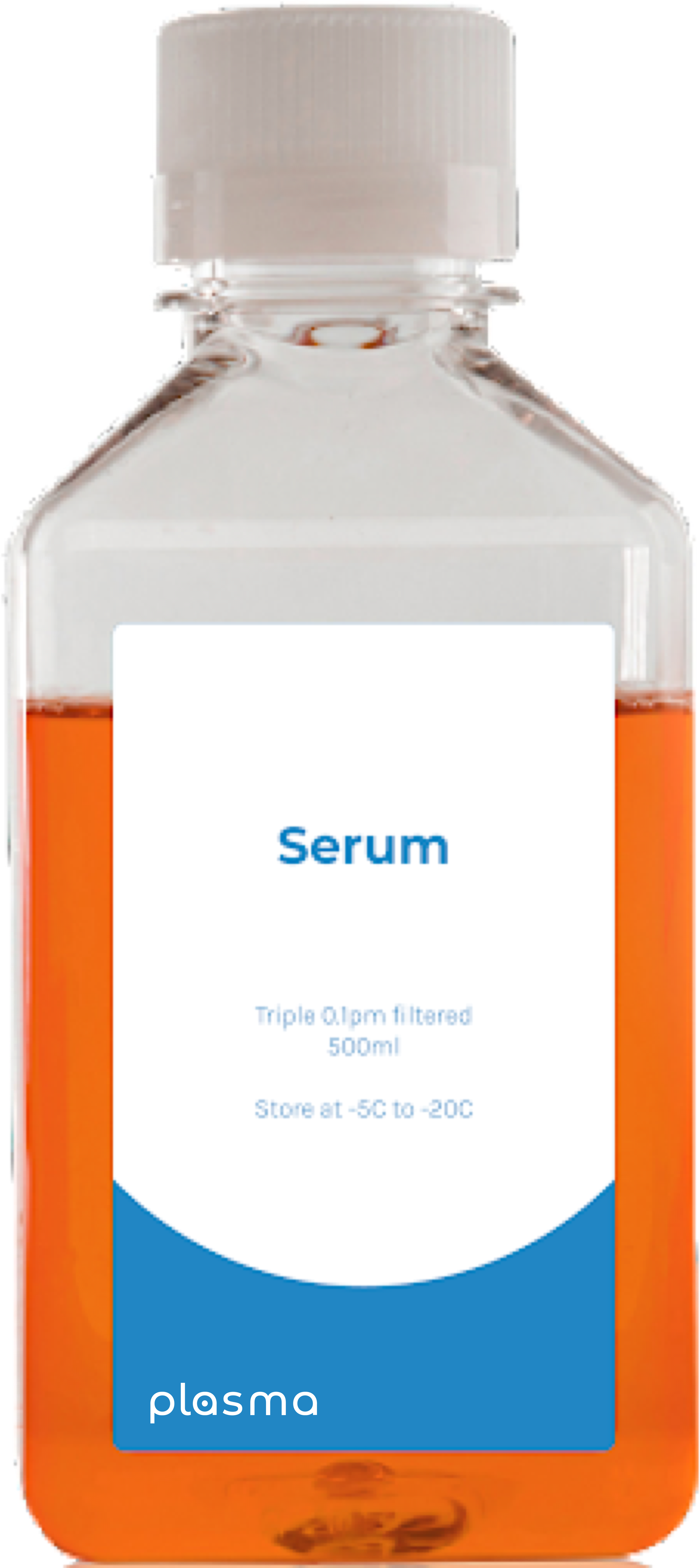 A clear plastic bottle labeled 'Serum' containing orange liquid.