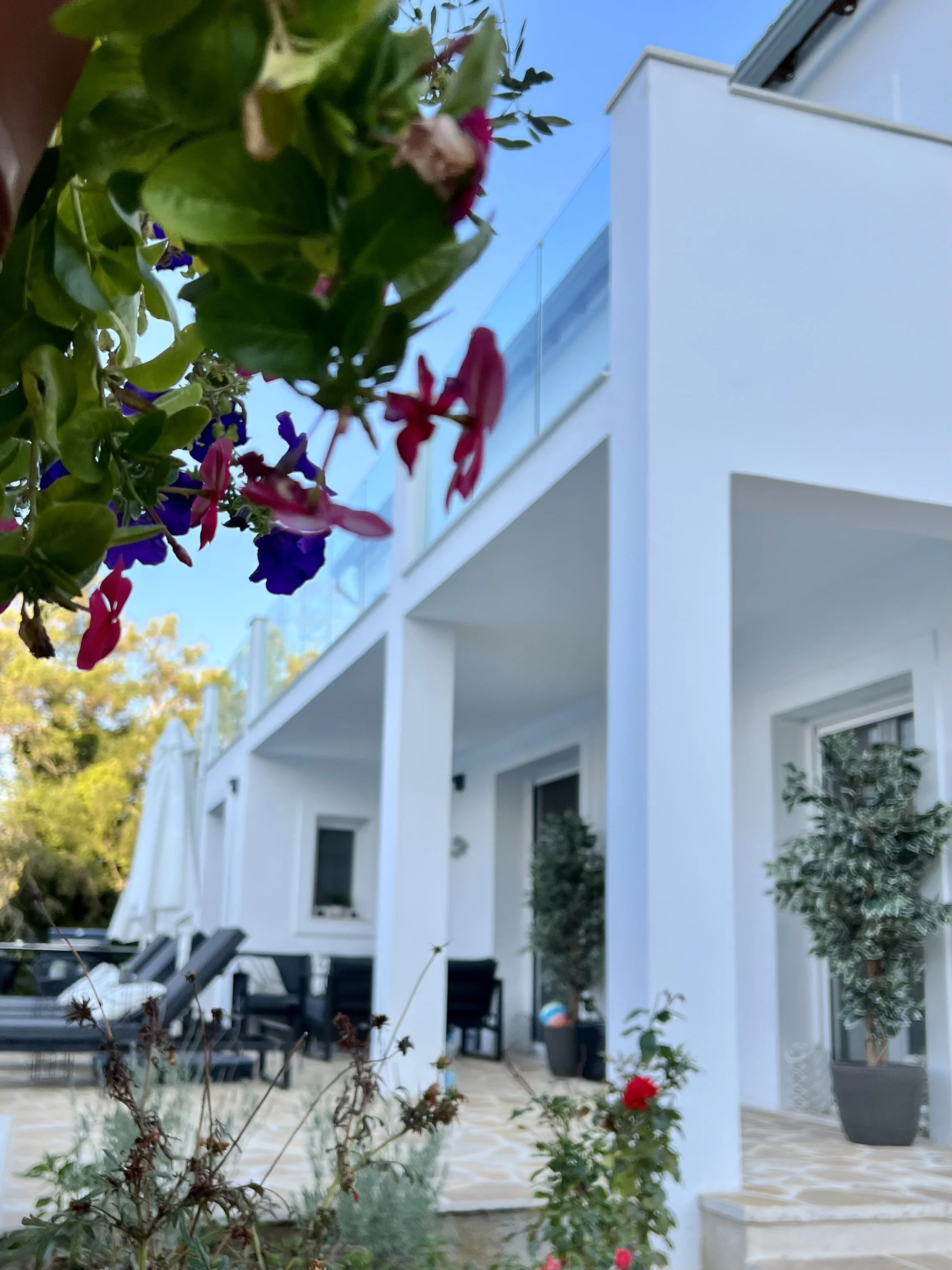 A side view of Villa Icarus Corfu with a honeysuckle flower in the foreground. 