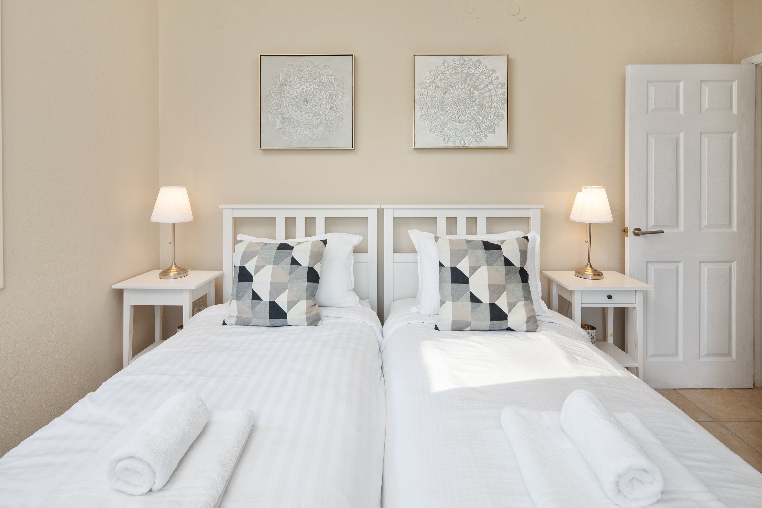 Upstairs double bedroom 3 at Villa Icarus Corfu looking toward the beds. 