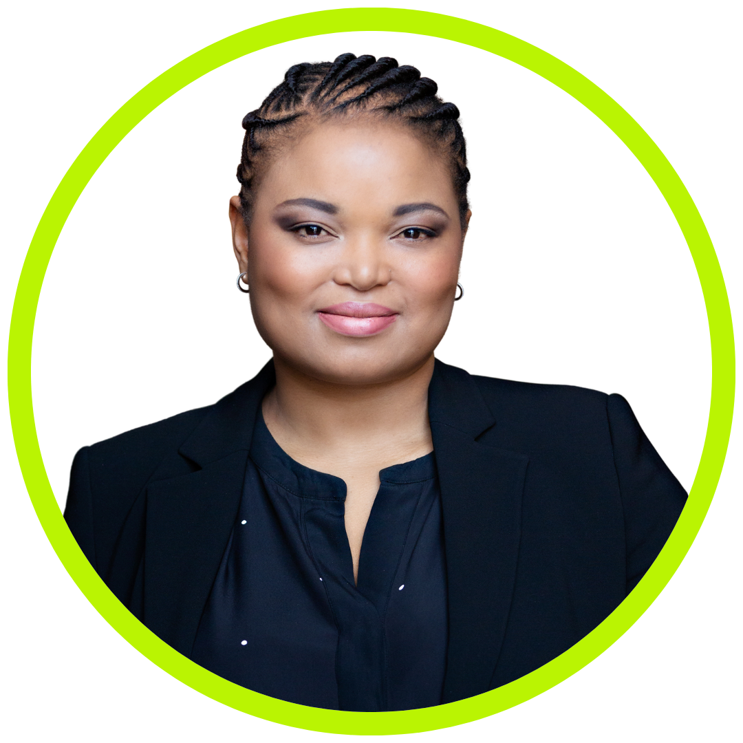 Portrait of a middle-aged man with gray hair, blue eyes, wearing a blue suit, white shirt, and yellow striped tie, against a white background with a bright green border.