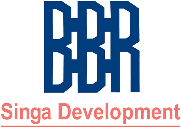 Logo with blue geometric design above red text that reads 'Singa Development'