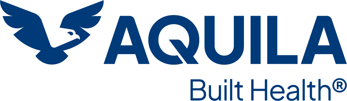 A logo with a stylized blue eagle's head and wings, the word 'AQUA' in large blue letters, and the phrase 'Built Health' underneath.