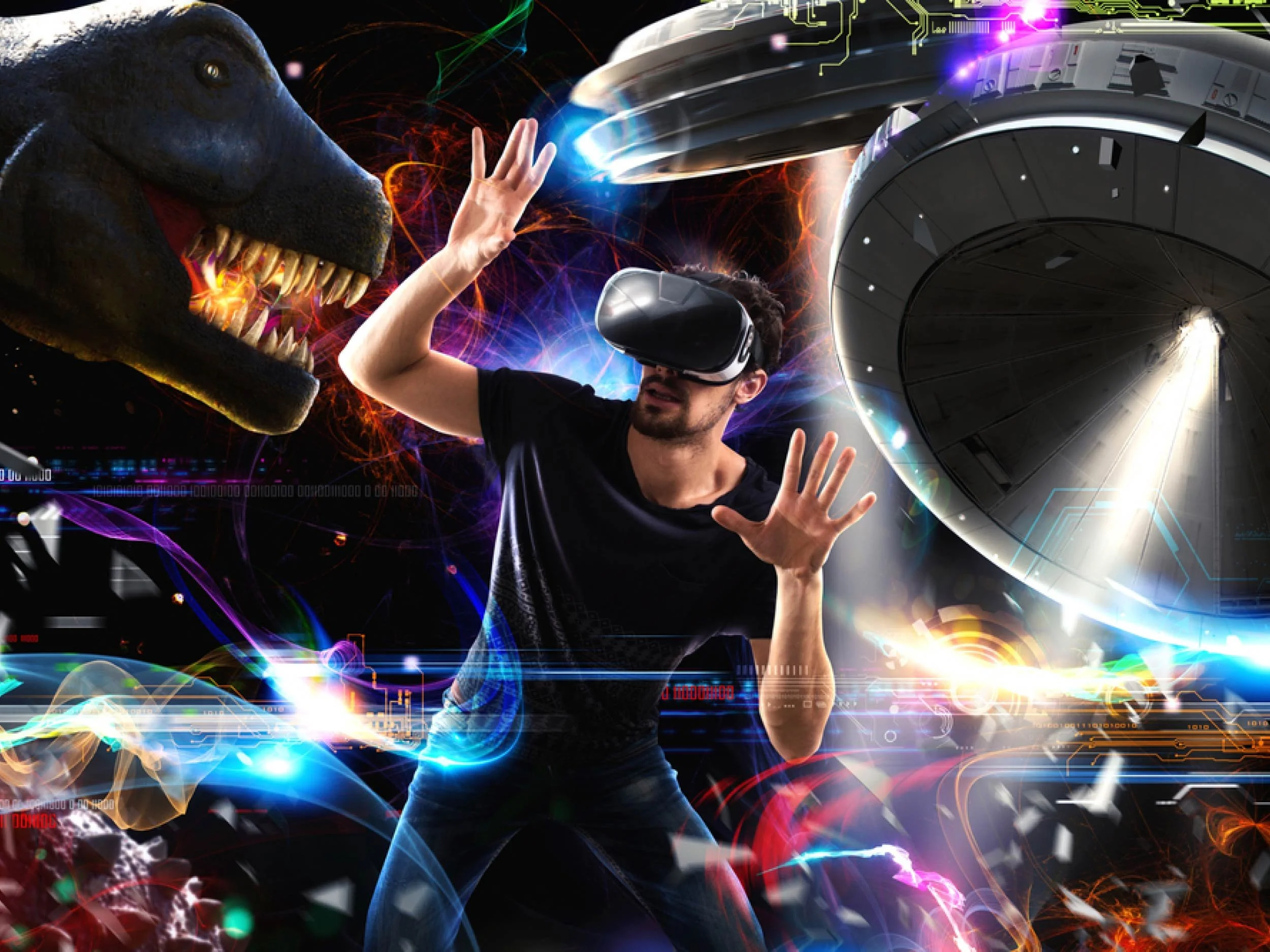 VR mask envisaging dinosaurs and futuristic coloured lights