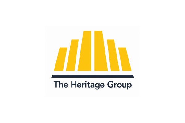 Logo for The Heritage Group featuring stylized yellow and black design above black text