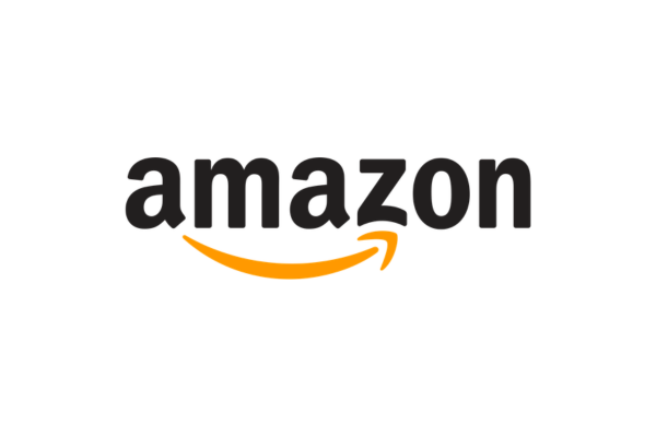 Amazon logo with black text and orange arrow curved underneath.