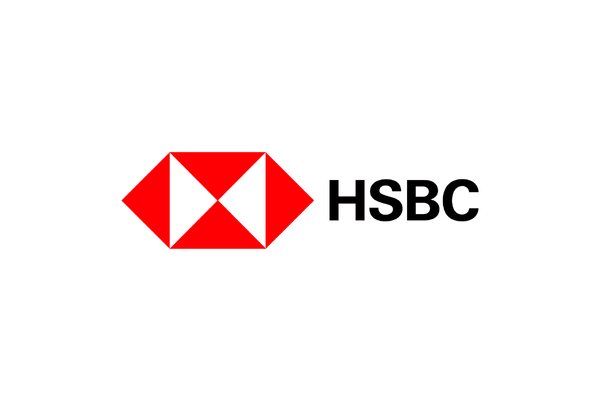 HSBC bank logo with red hexagon and white triangles