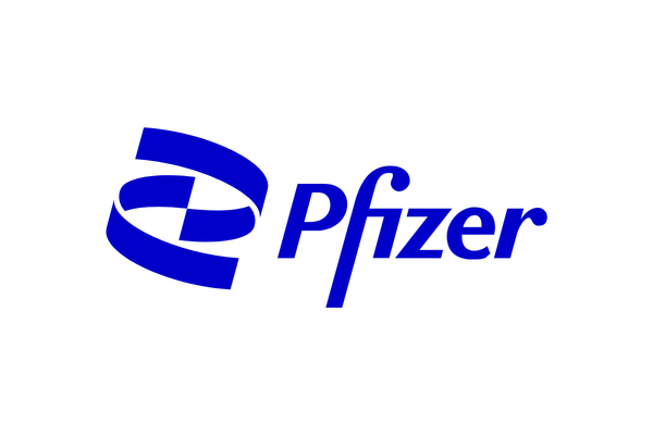Pfizer logo with blue text and graphic on a white background.