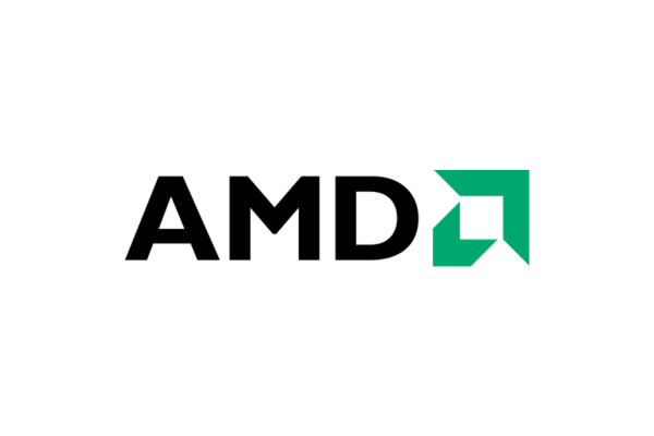 AMD logo with black text and green geometric symbol