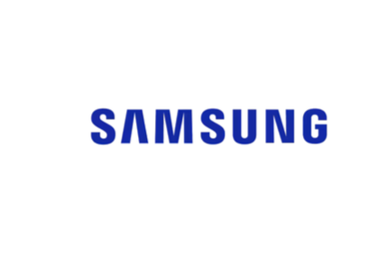 Samsung logo written in blue letters on a white background.