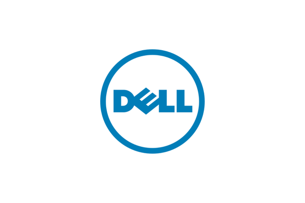Dell logo in blue font within a circle on a white background.
