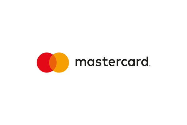 Mastercard logo with two interlocking circles, one red and one orange, and the word 'mastercard' in lowercase black letters.