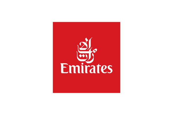 The Emirates logo with stylized Arabic calligraphy above the word Emirates in white on a red background.