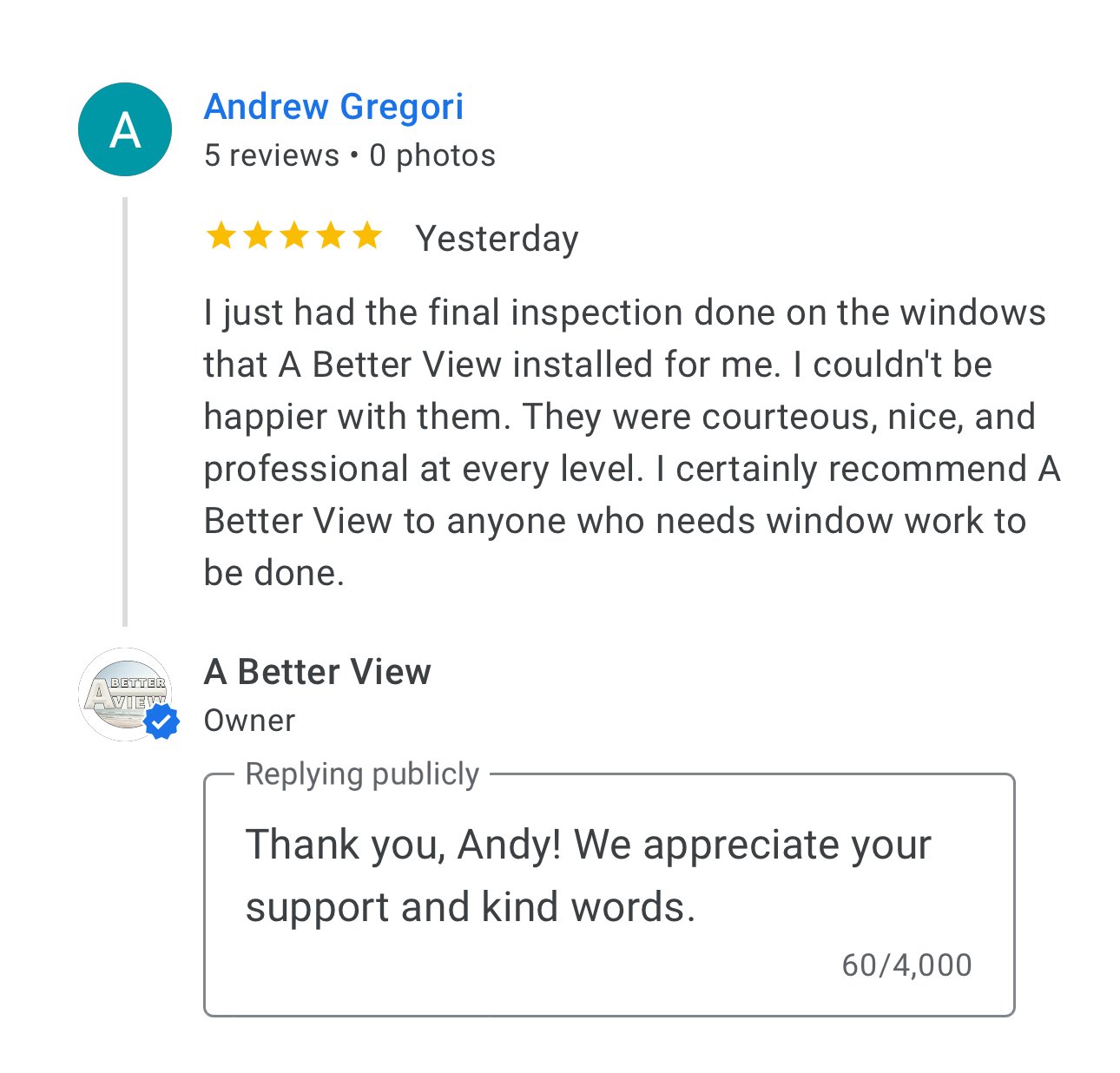 We're always happy to receive feedback like this! We thank everyone who takes the time to let us know how they feel when we've done a great job for them. Our crew makes us look good!