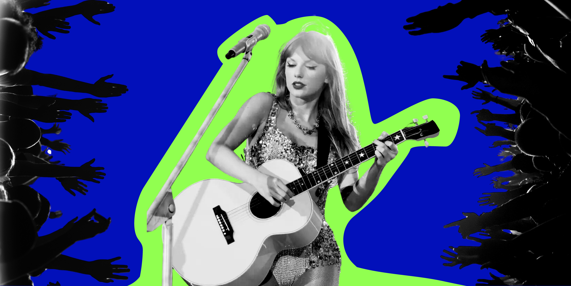 image of pop star Taylor Swift playing her guitar and singing into a micorphone, on both sides of her the raised arms and hands of adoring audiences reach towards her