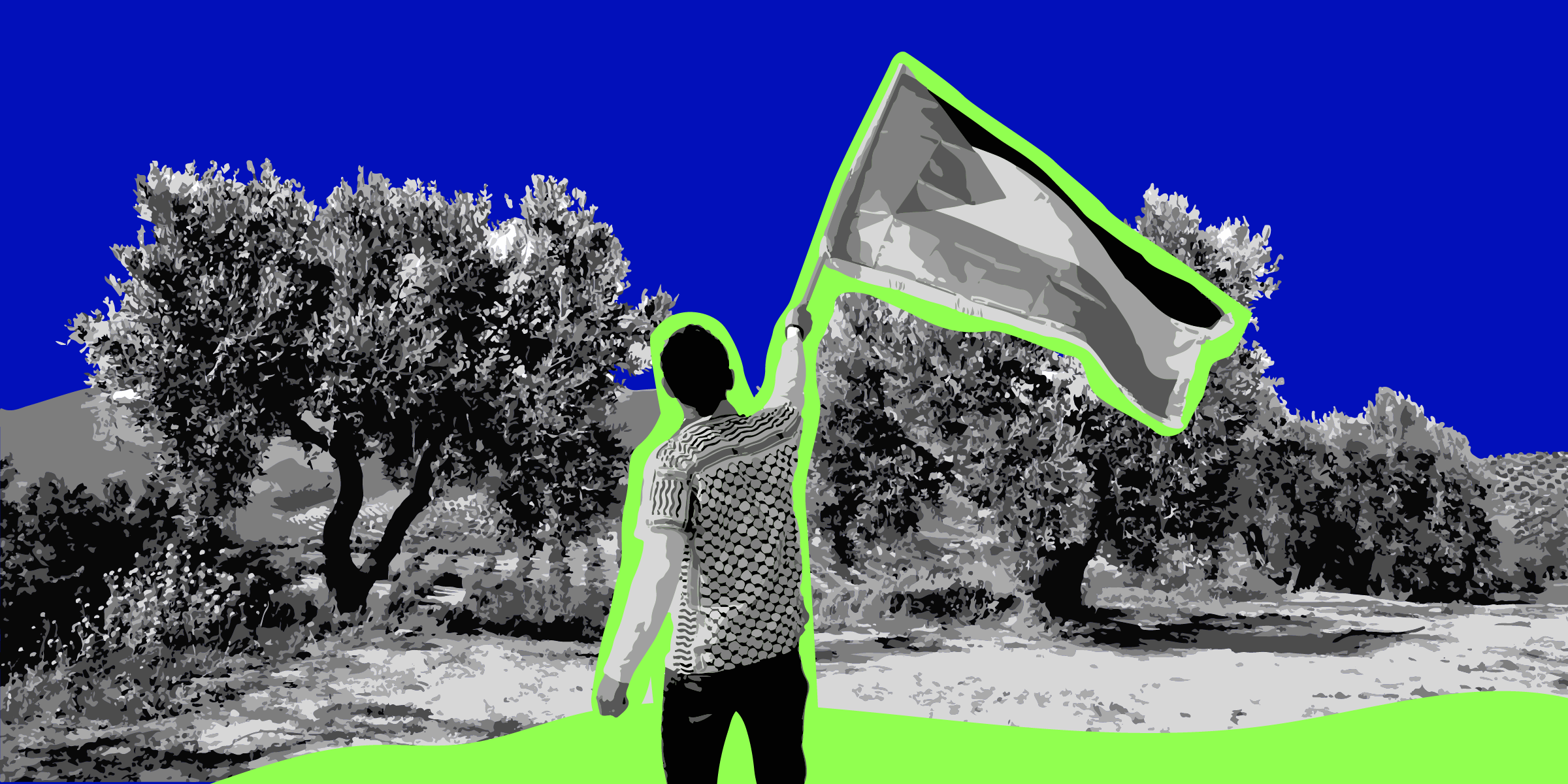 Back of a man wearing a keffiyeh holding aloft a Palestinian flag against a backdrop of olive tree fields.