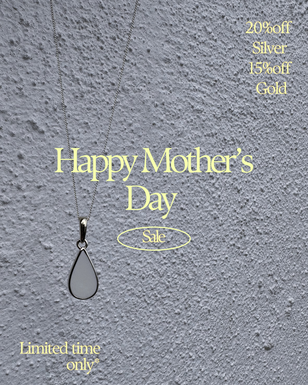 mothers day sale, white textured background with yellow writing
