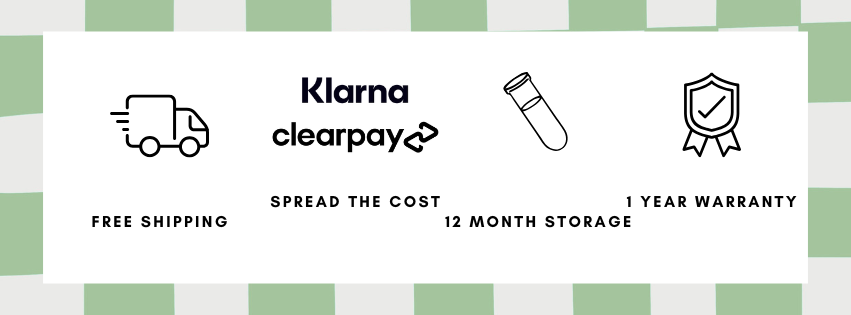Design banner for Klarna Clearpay featuring icons of a delivery truck, a test tube, and a shield with a checkmark, highlighting free shipping, spread the cost, 12 month storage, and one year warranty.