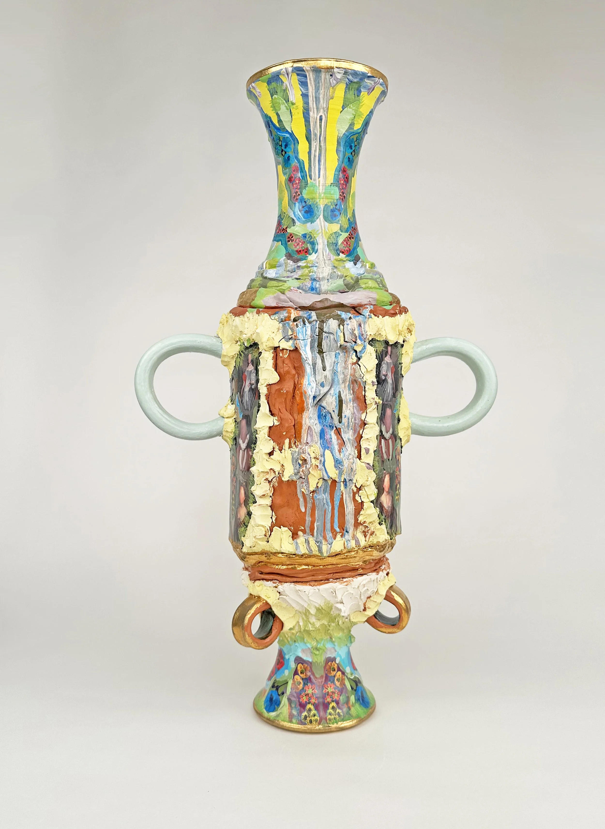 Title: The Queens of Flowers
Date: 2025
Dimensions: 7 x 13 x 25 in.
Materials: Glazed clay with embedded pigments and gold luster, acrylic paint, 
enamel, paper, gold leaf.