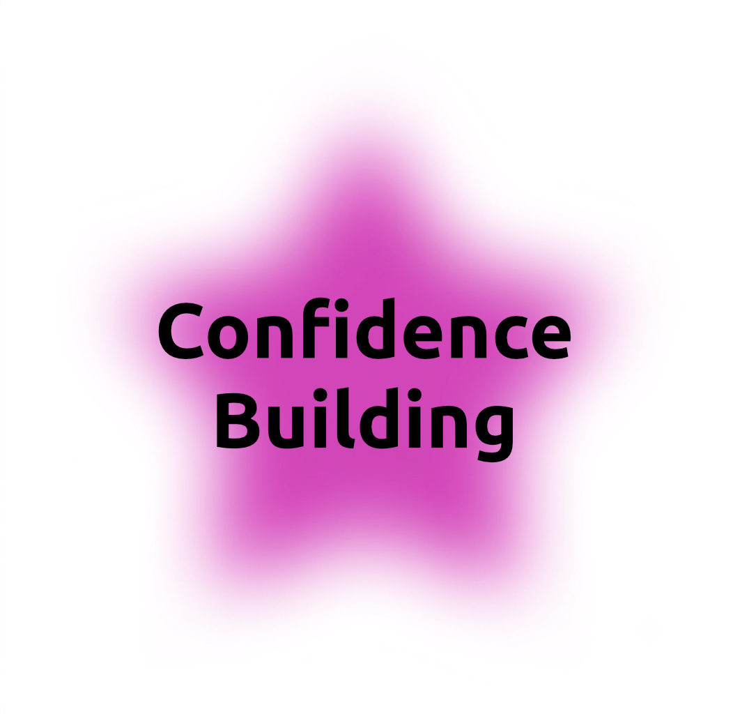 Text reads 'Confidence Building' over a purple star-shaped background with a white to pink gradient.